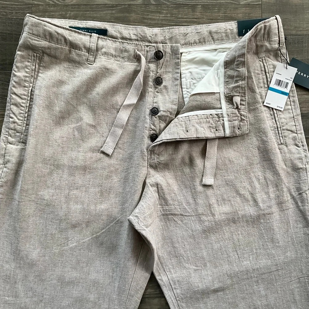 36x32 NWT Perry Ellis Linen Blend Pants Mens Khaki Light Tan Button Fly Drawcord